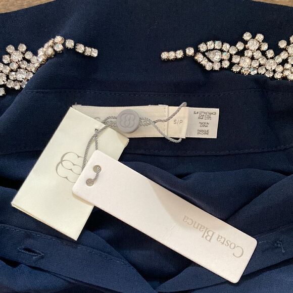 NWT Costa Blanca navy Blue sheer rhinestone collar top Sz-Small - Picture 8 of 13